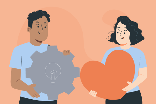 A man holding a cog and a woman holding a heart to represent the difference between hard and soft skills.