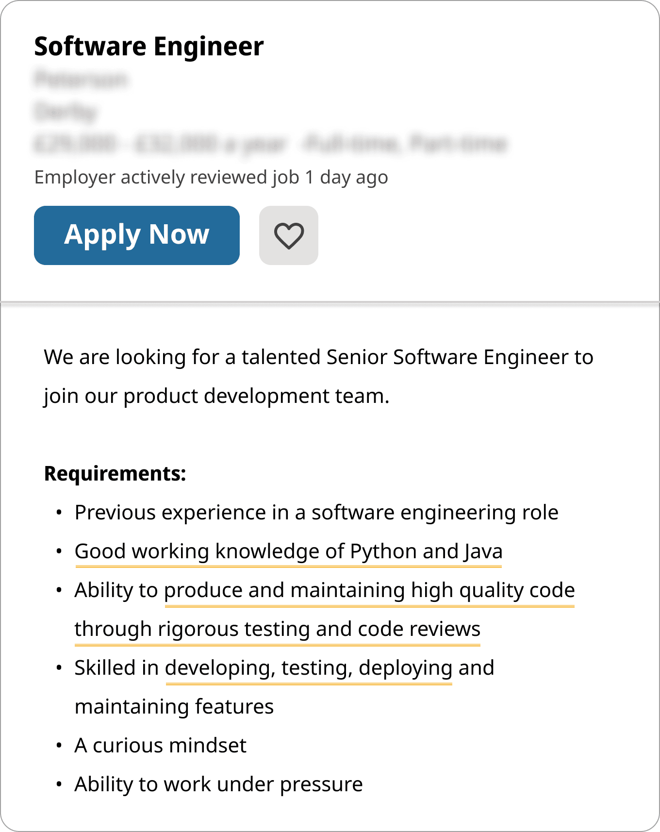 A job advert for a senior software engineer role with hard skills underlined in green.