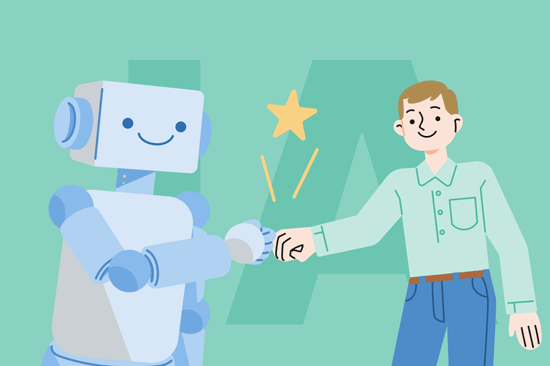 une illustration d’un personnage humain et d’un robot représentant l’intelligence artificielle se saluant en se faisant un “check”