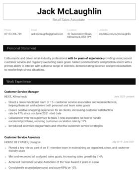 The Hawking CV template, which has a simple and modern layout, with black dividers separating each section.