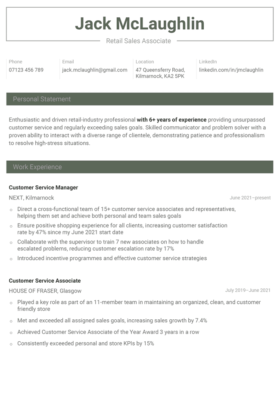 simple and basic CV template with a centered green header and a rectangular border, colourful blocked section headings, page 1