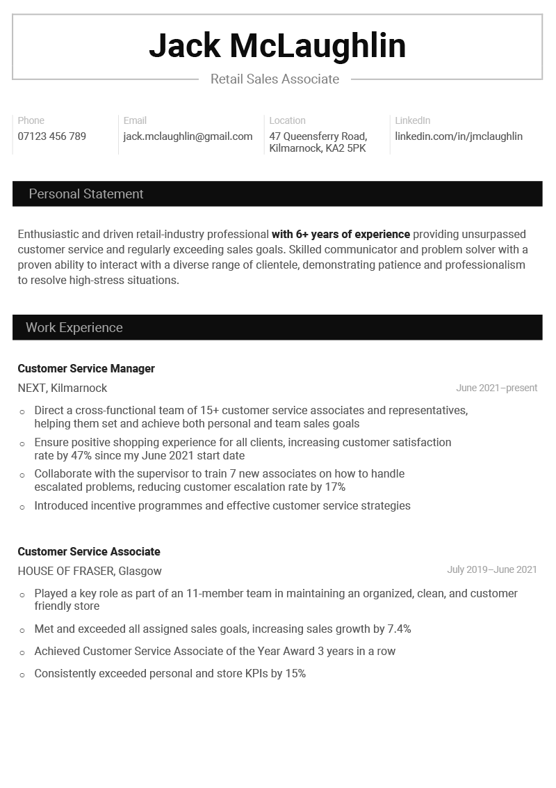 The simple Hawking CV template in black, which has black shaded bars in the subheadings to distinguish CV sections.