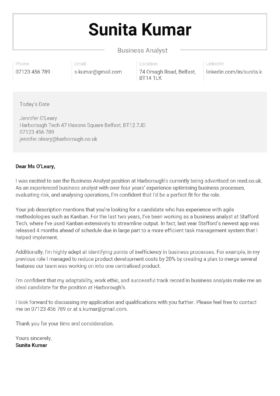 The Hawking cover letter template with a centred, boxed-in header, grey background for the recipient's contact details, standard letter layout.