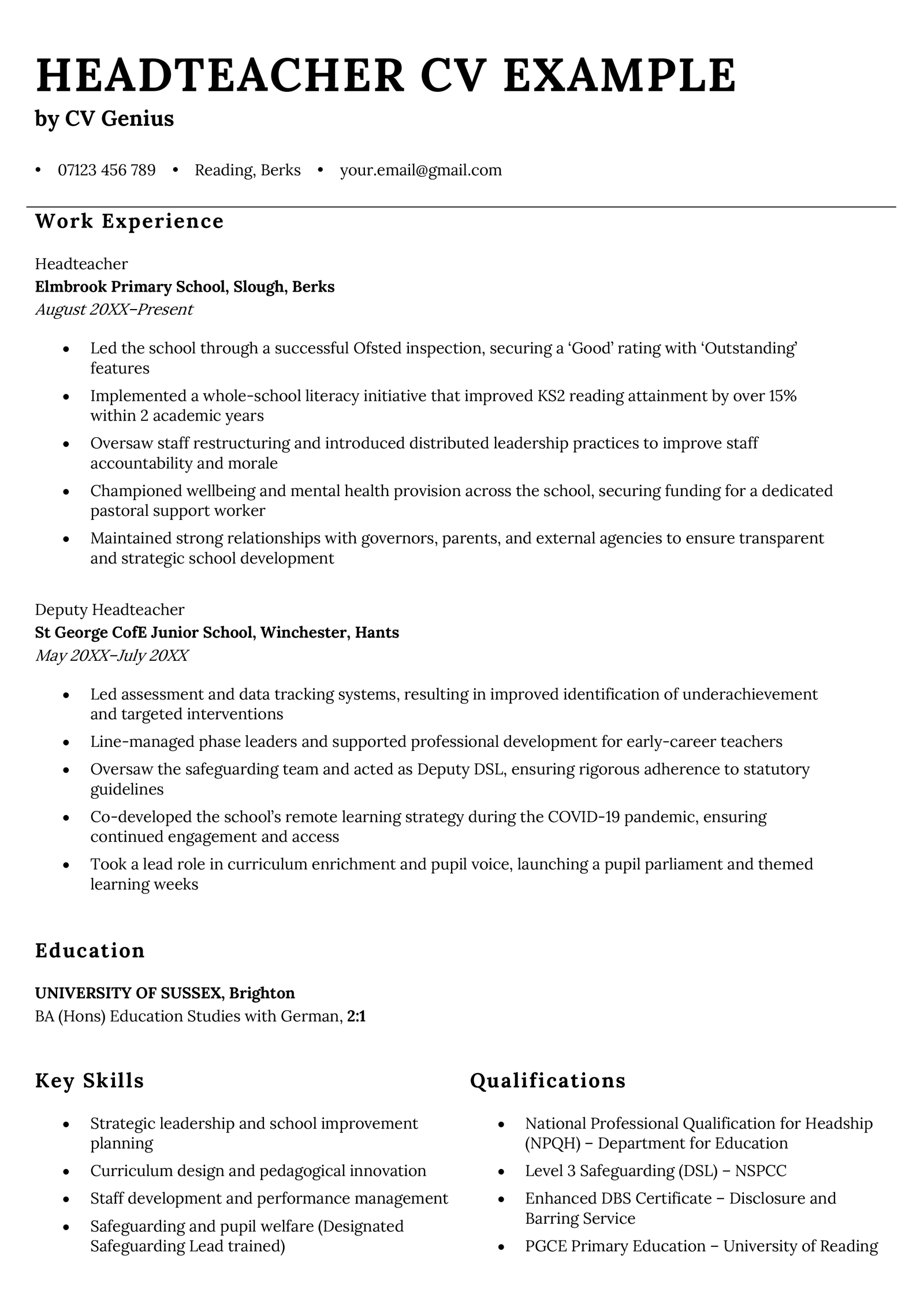 A headteacher CV example.