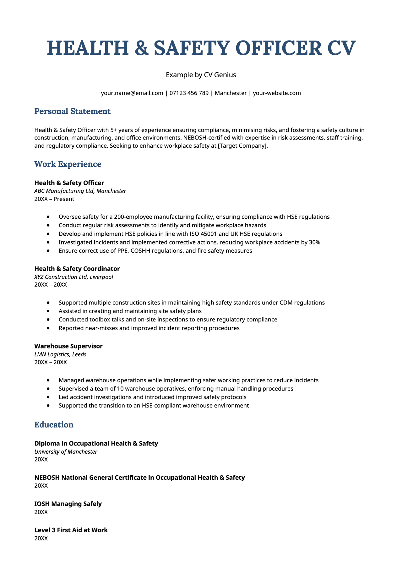 An example of a health and safety officer CV.