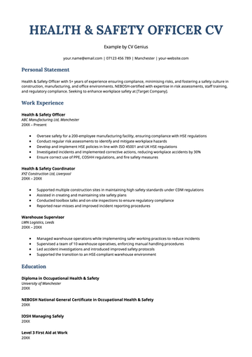 An example of a health and safety officer CV.