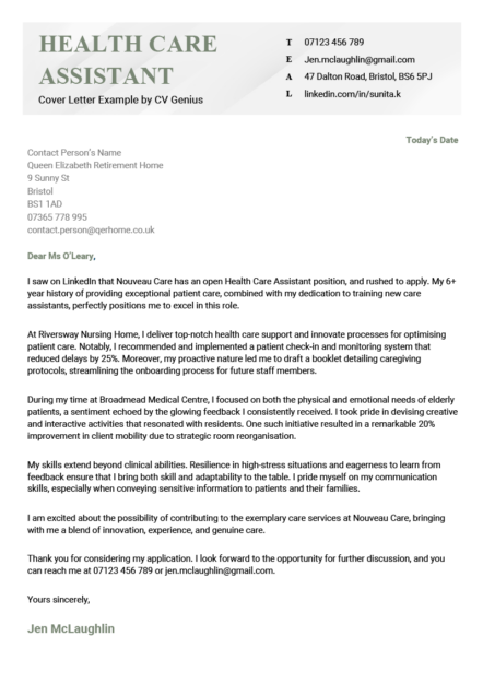 A cover letter for health care assistant work in a green-themed template with a 4-cell table in the header for the applicant's contact details.