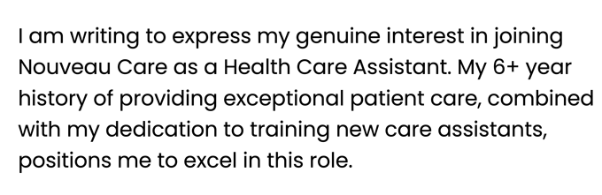 A health care assistant cover letter example introduction written in 5 lines of black text on a white background.