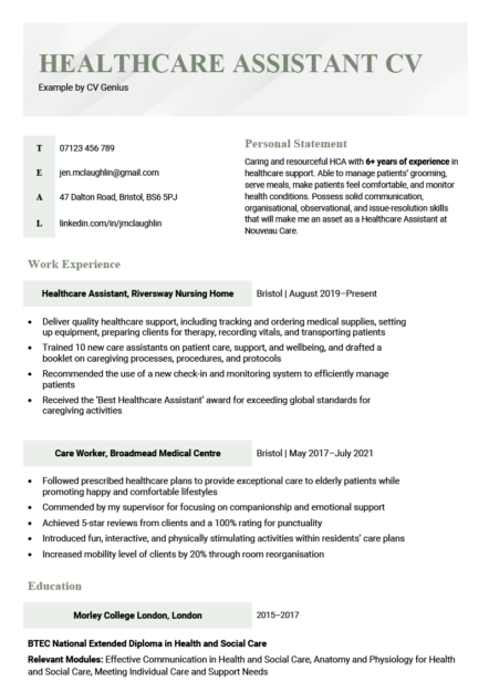 A health care assistant CV example