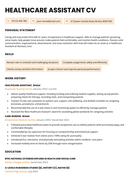 A healthcare assistant CV example in the Bristol CV template.