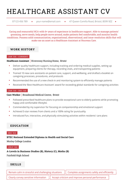 A healthcare assistant CV example in the Canterbury CV template.