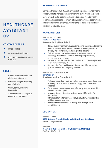 A healthcare assistant CV example in the Worcester CV template.