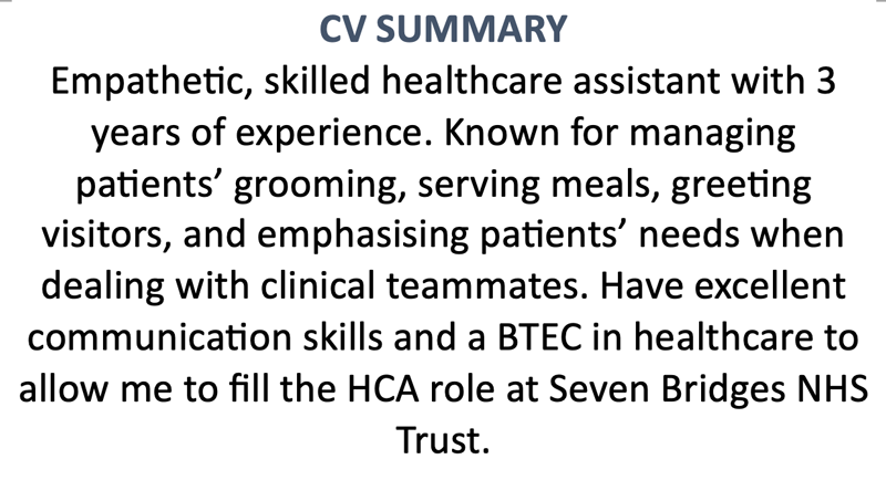 A CV summary for a healthcare assistant with a midnight blue title.