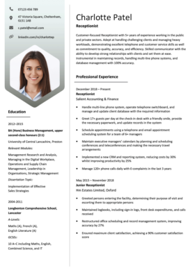 The black version of the Hebrides Photo CV Template, which has a hexagonal photo of a smiling woman, and several CV sections organised across two vertical columns.