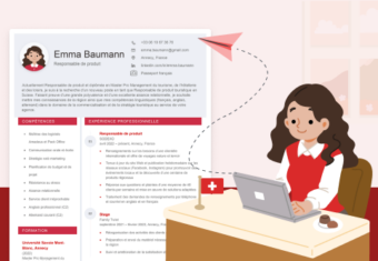 une illustration d'une jeune femme brune assise à son bureau envoyant son CV suisse sur son ordinateur avec pour fond son CV suisse