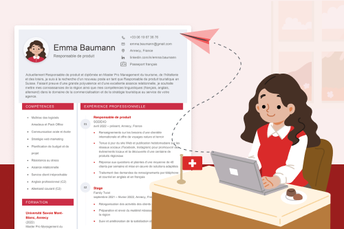 une illustration d'une jeune femme brune assise à son bureau envoyant son CV suisse sur son ordinateur avec pour fond son CV suisse