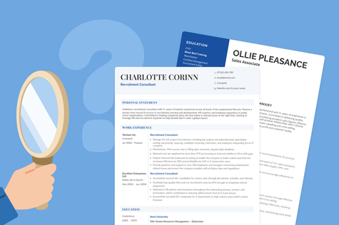 A person looking through a magnifying glass at two CVs as though to answer the question, 'What Is a CV?'