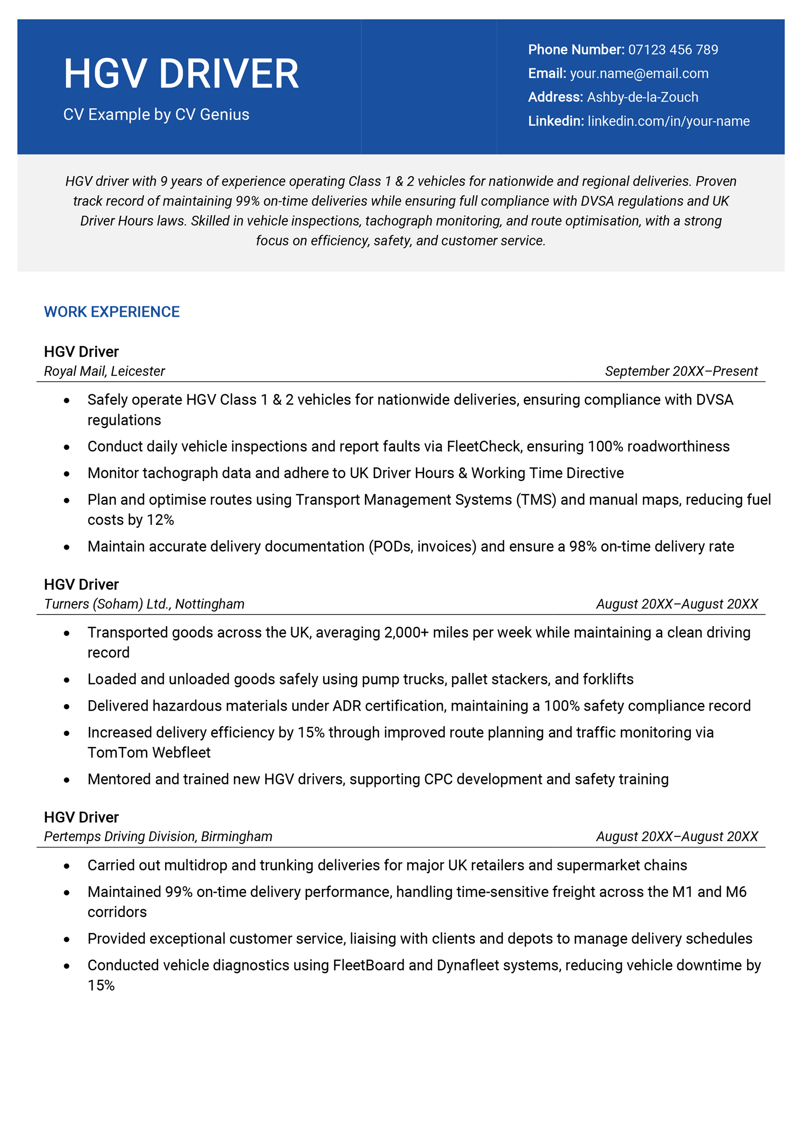 The first page of an HGV driver CV example.