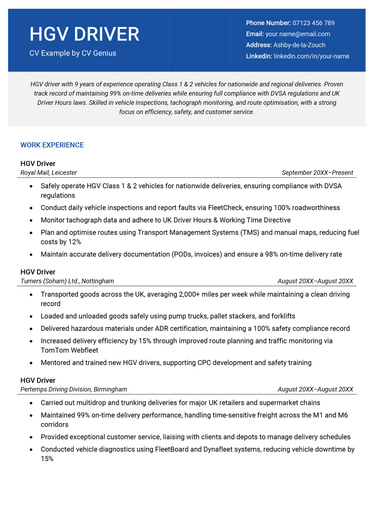 The first page of an HGV driver CV example.
