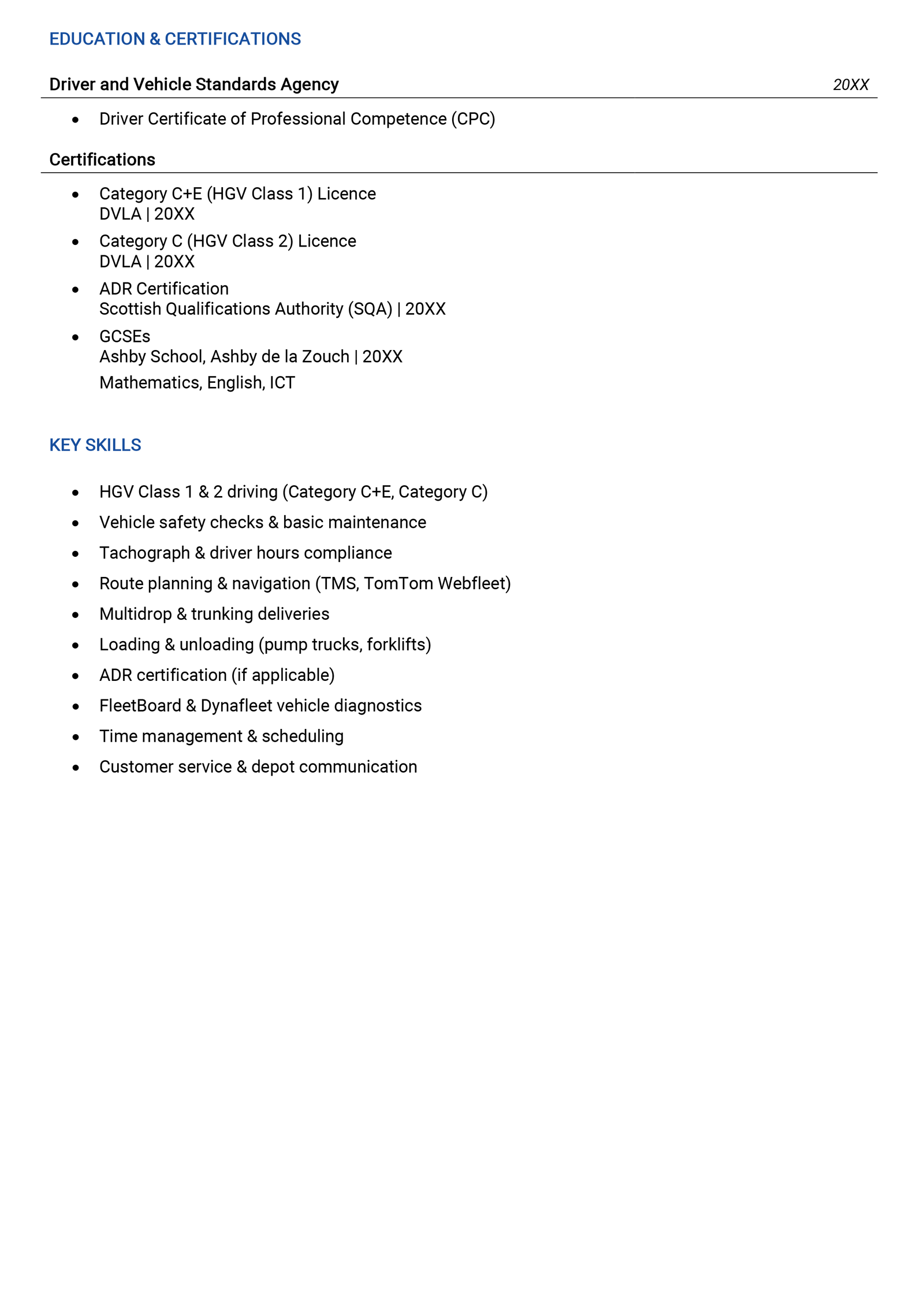 The second page of an HGV driver CV example.
