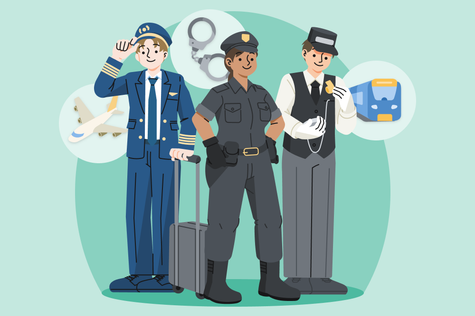 An illustration featuring a pilot, police officer, and train conductor standing side-by-side against a green background. Small circular icons with images of a plane, handcuffs, and a train are placed near each corresponding figure.