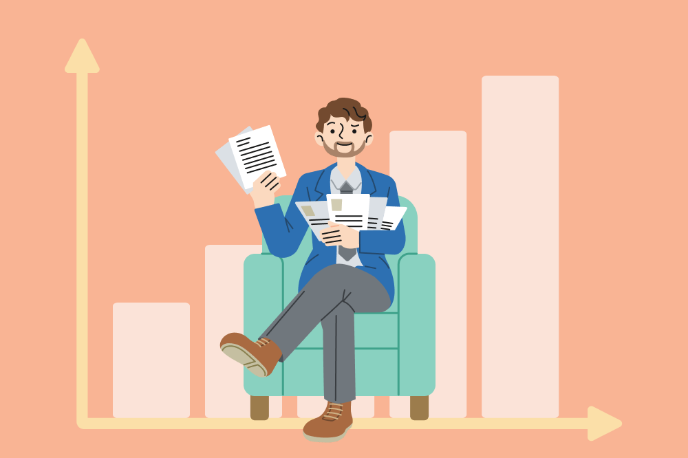 A decorative image of a man sitting in a chair holding documents with a large graph in the background, suggesting statistics and reports.
