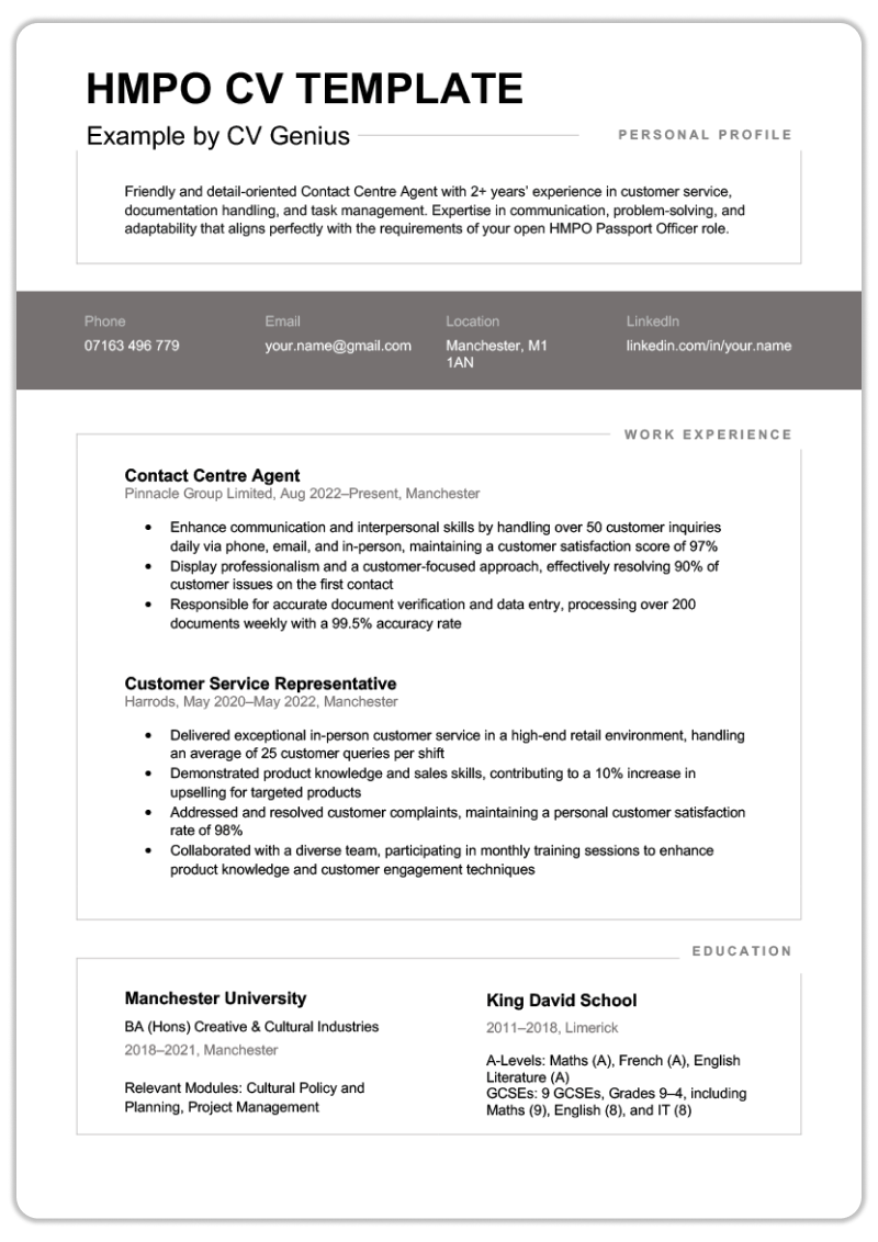 A free government CV template for an MHPO job. It has bold text for the applicant's name, and their contact information stands out in a maroon banner.