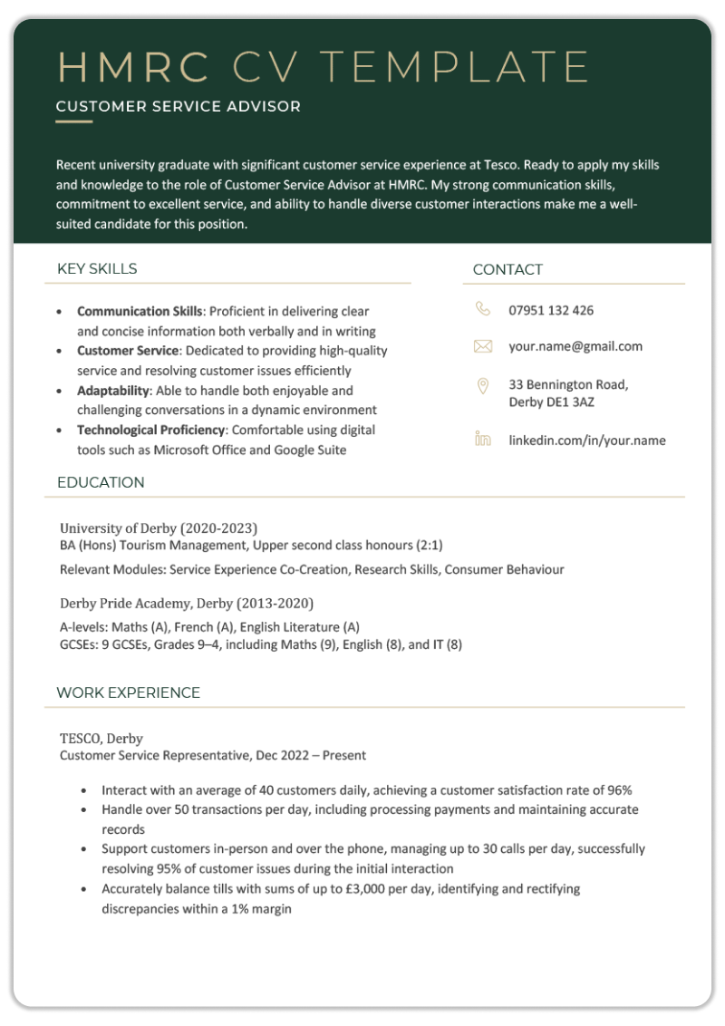 A free government CV template for an HMRC job. It has a green header with white text for the personal profile.