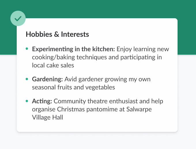 An example hobbies and interest section set against a white and green background.