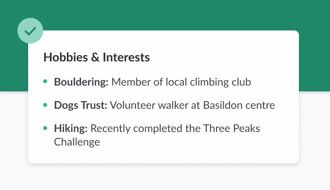 Hobbies and interests example displaying three interests that require some level of physical fitness - bouldering, volunteering at a dog shelter, and hiking.