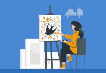 An illustration representing personal hobbies and interests that shows a woman in a yellow sweater painting a picture against a blue background