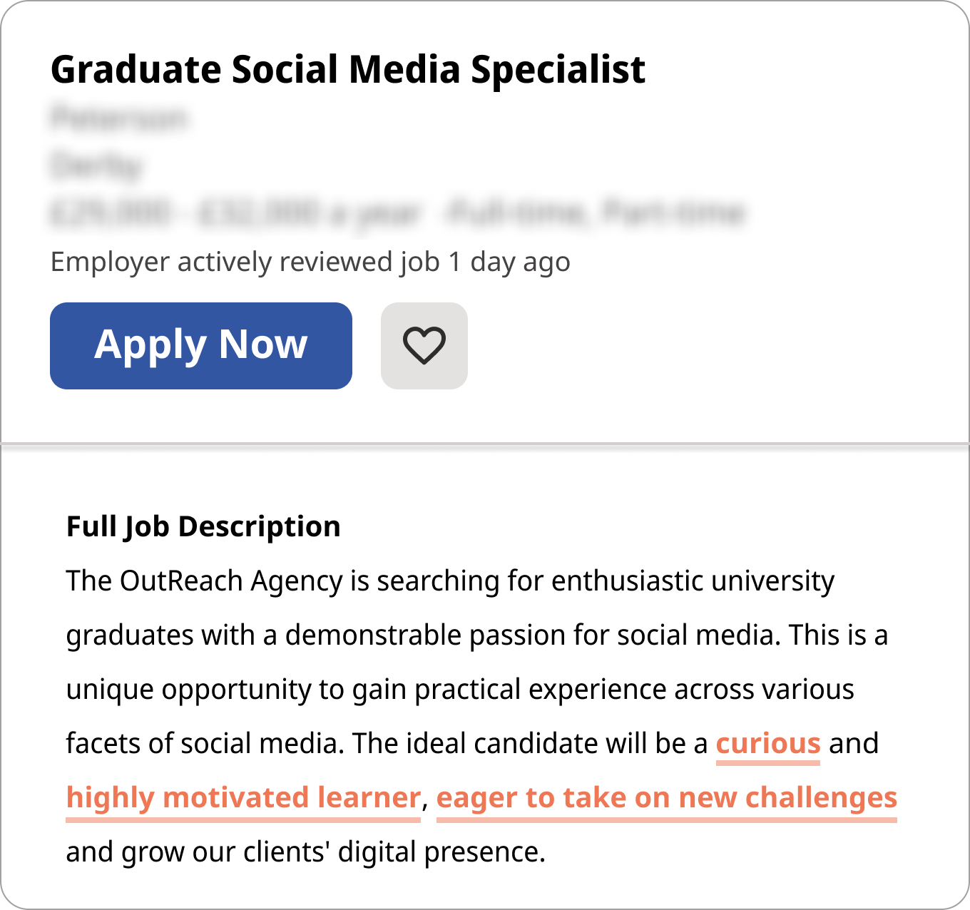 An example job posting with orange highlights showing desirable personal traits