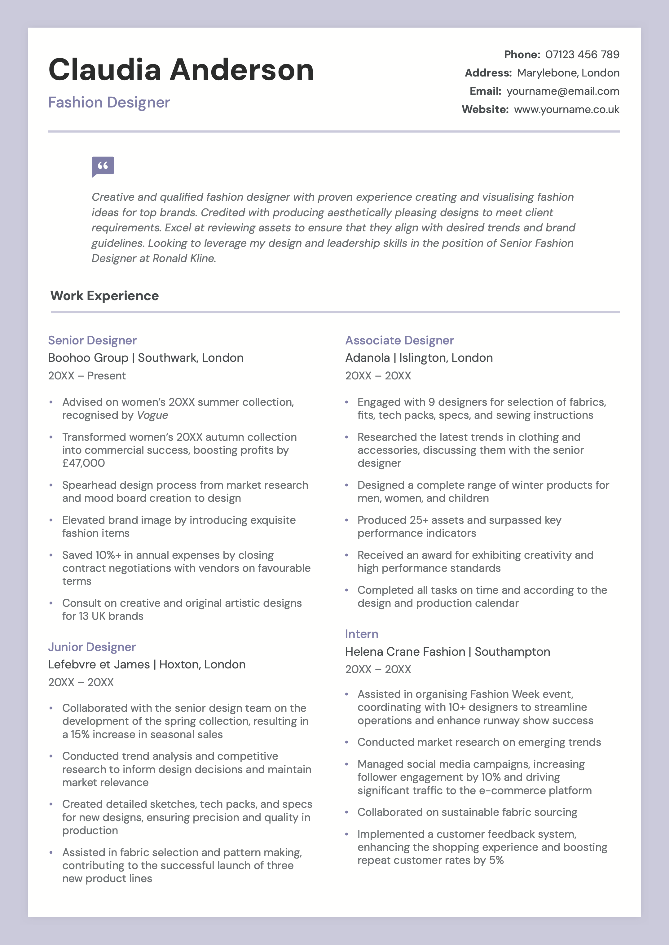 The Holyrood InDesign creative CV example in violet