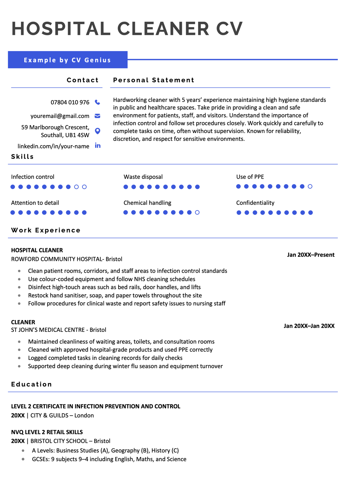 A hospital cleaner CV example