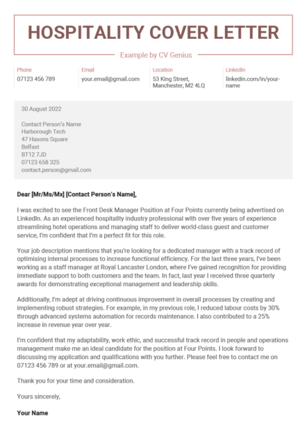 A hospitality cover letter example with a maroon header to help the applicant's name stand out to recruiters.