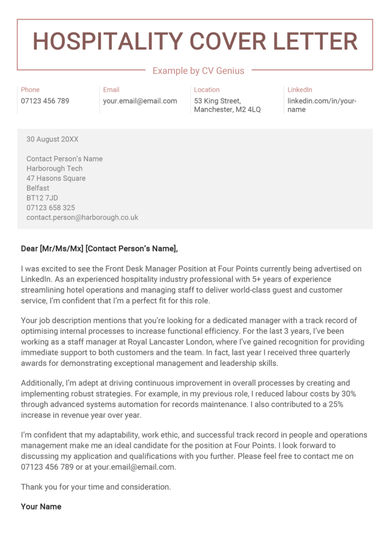 cover letter for hospitality template