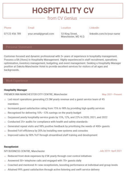An example of a hospitality CV written on a maroon-themed template with left-aligned content.
