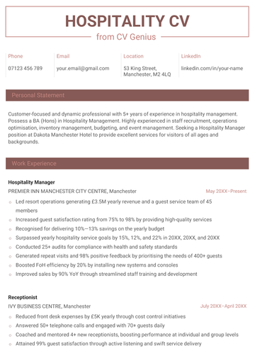 The first page of an example hospitality CV