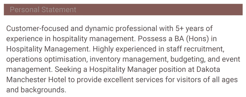 An example of a personal statement taken from a hospitality CV with the section heading in a maroon bar.