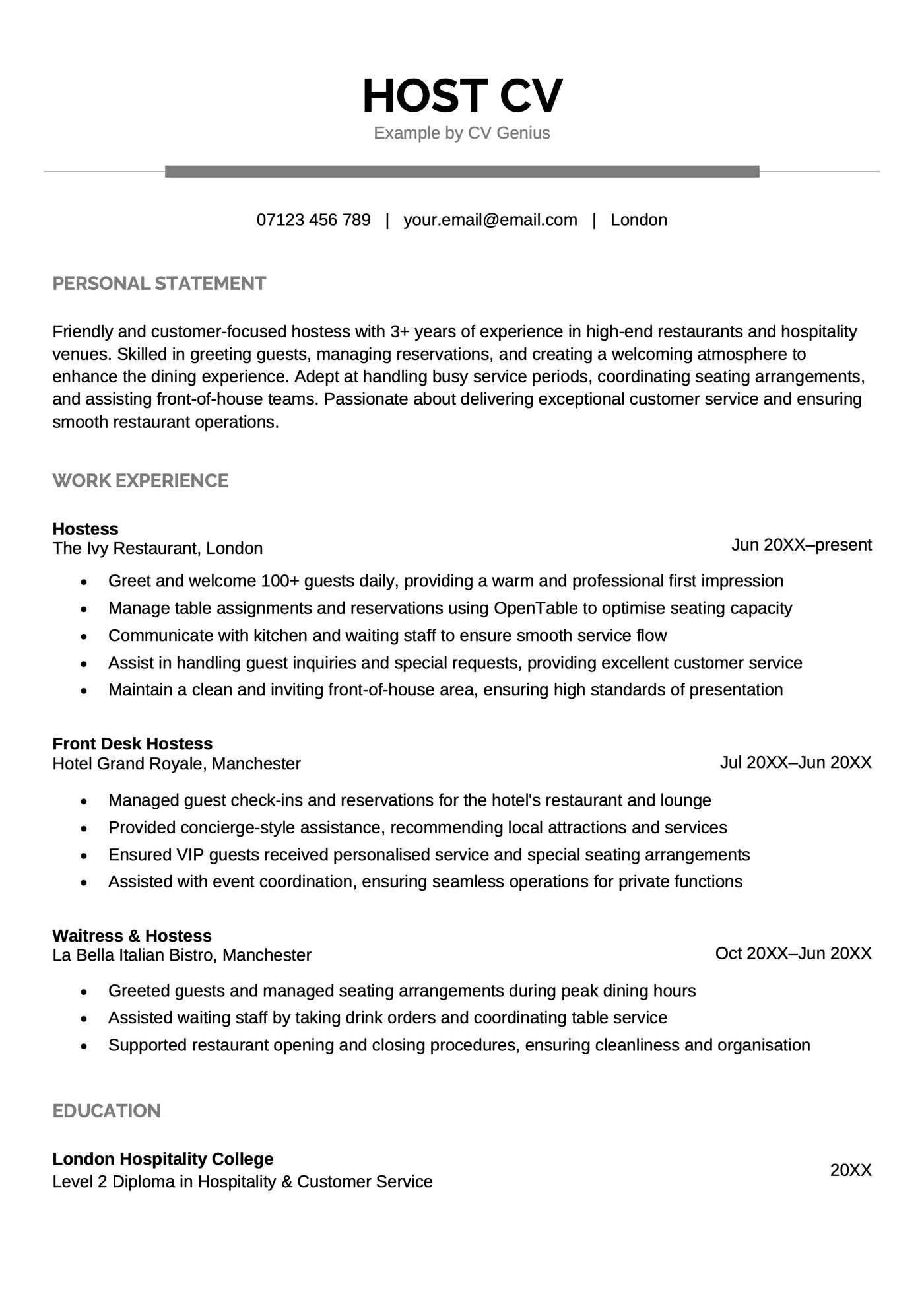 A hostess CV example.
