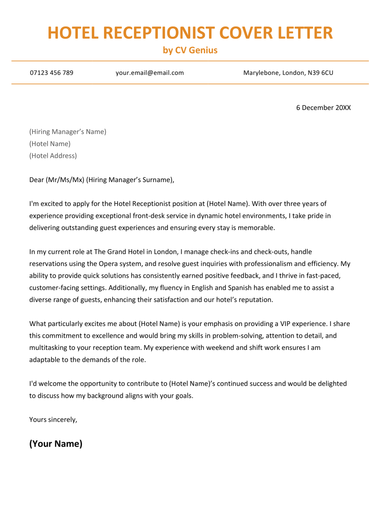 A hotel receptionist cover letter example for UK job seekers.