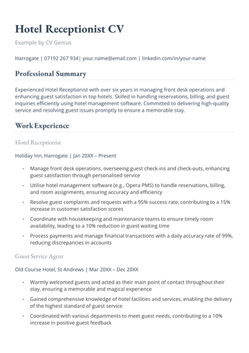 The first page of a hotel receptionist CV example.