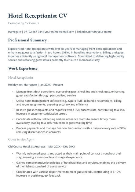 The first page of a hotel receptionist CV example.