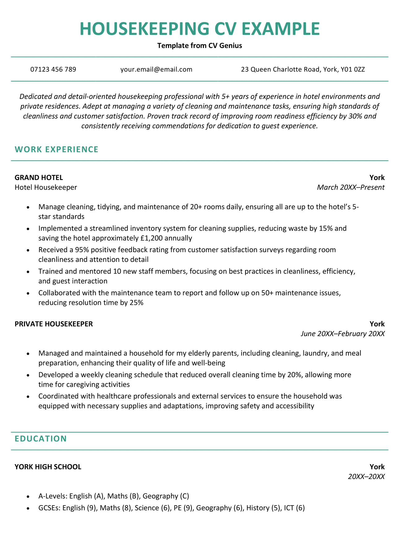 Housekeeping CV Example & Template