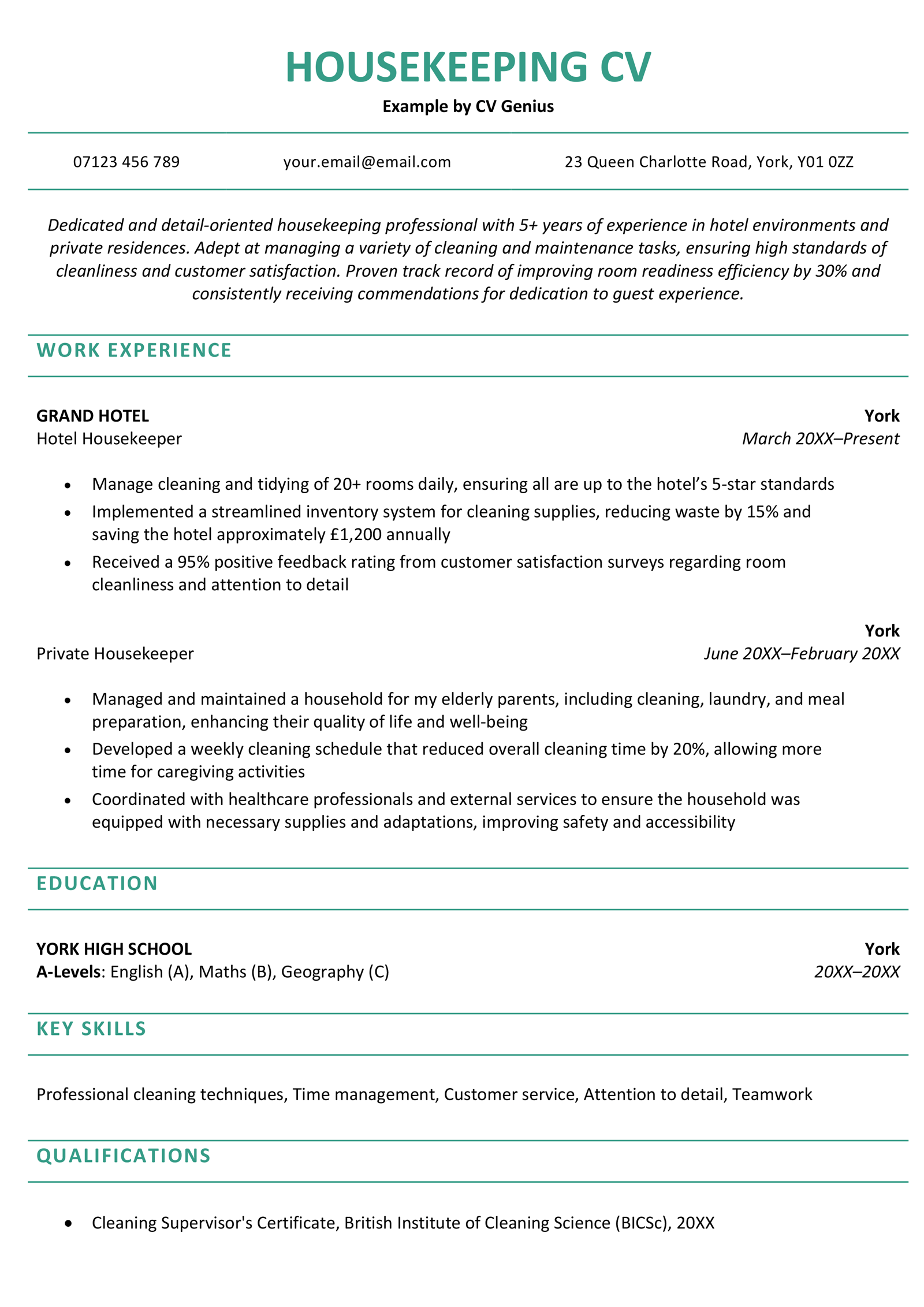 A housekeeping CV example with green header text and information neatly organised in a paragraph and several lists.