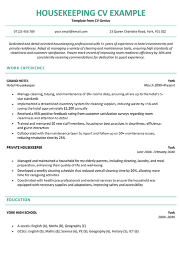 A housekeeping CV example with green header text and information neatly organised in a paragraph and several lists.