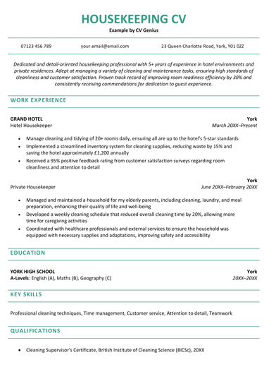 A housekeeping CV example with green header text and information neatly organised in a paragraph and several lists.