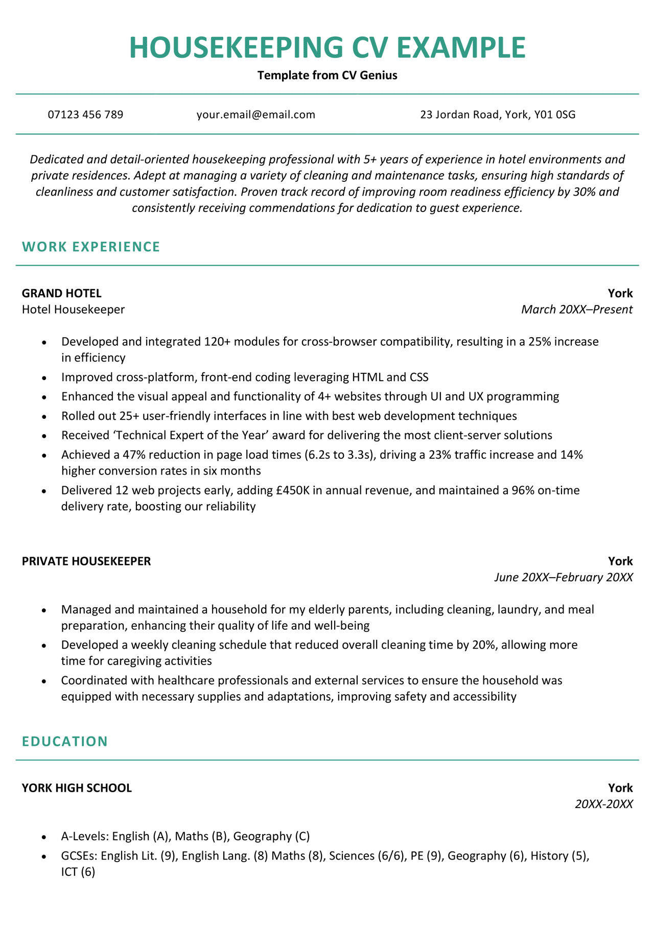 A housekeeping CV example with green header text and information neatly organised in a paragraph and several lists.