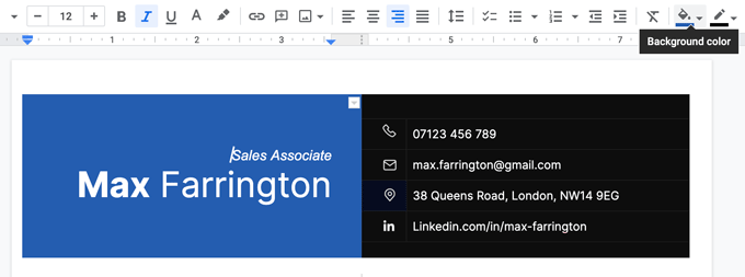 A screenshot that shows how to change the background colour on a Google Docs CV template