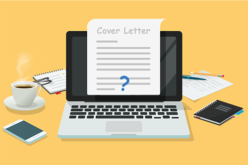 A laptop with a question mark at the cover letter sign off to signify how to end a cover letter